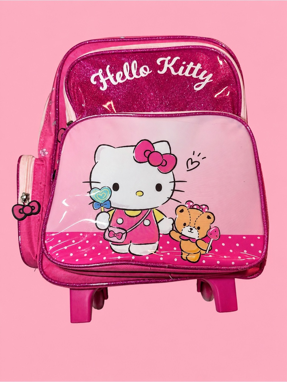 Hello Kitty Rolling Backpack Pink and White with Suitcase sleeve